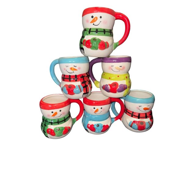 Snowman-Themed Ceramic Mug By Bay Island  Set of 6 -Painted Red & White - Picture 1 of 11
